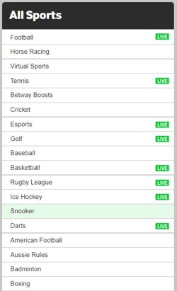 betway markets odds sports list